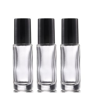 Verre épais Roll On Bottles 5ml Clear Essential Oil Make Up Skin Care Container avec couvercle noir et rouleau en acier inoxydable