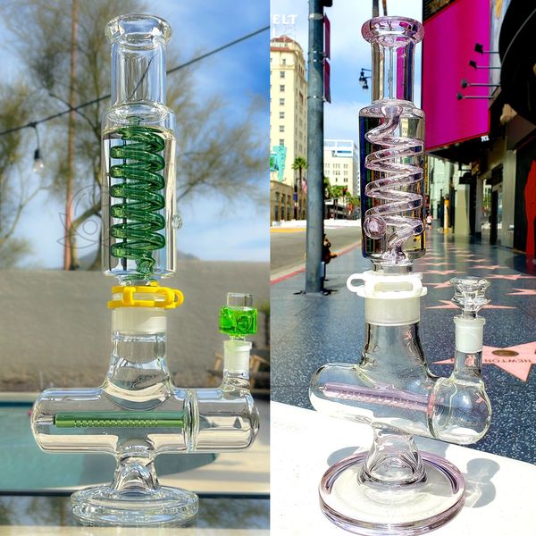 Épais Recycleur Verre Narguilés Bobine Congelable Condenseur Conduite D'eau Bras Arbre Perc Cyclone Bongs Bleu Vert Spirale Plate-Forme Pétrolière Barboteur Tornade Fumer Shisha