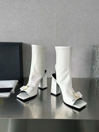 Botas altas de tacón grueso con cuero de plena flor, punta redonda, tacón de 10,5 cm, zapatos de exterior de moda para mujer 35-41