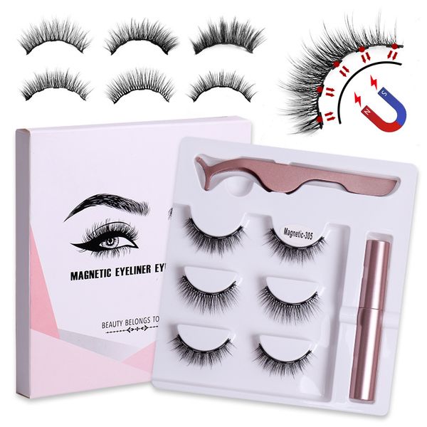 Grueso natural 3 pares de pestañas postizas magnéticas conjunto suave vívido rizado entrecruzado hecho a mano imanes multicapa reutilizables pestañas postizas con delineador de ojos pinzas 5 modelos DHL