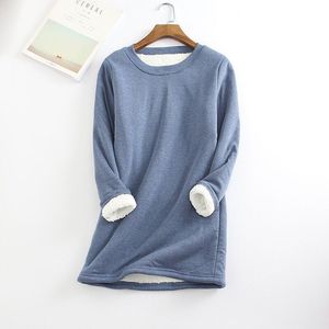 Épais Plus Velours Hoodies Chemise Femmes Mi-longueur Épais Lâche Sweat Pull Mince Chaud Tops Nouveau Automne et Hiver