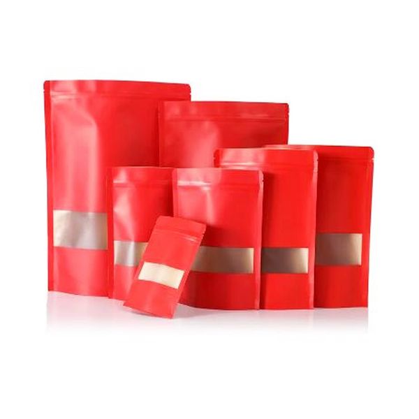 Sacs en papier Kraft rouge épais, auto-scellants avec fenêtre, thermoscellables, pour bonbons, café, collations, pochettes d'emballage en papier artisanal LX6249