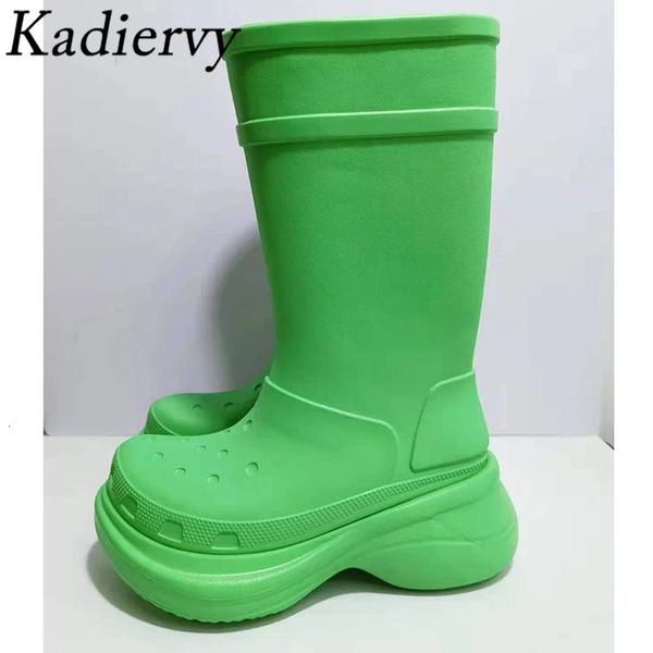 Botas de lluvia de suela gruesa para mujer, Botas de lluvia impermeables de goma, botas hasta la rodilla con punta redonda para mujer, zapatos de lluvia con plataforma plana para mujer 240102