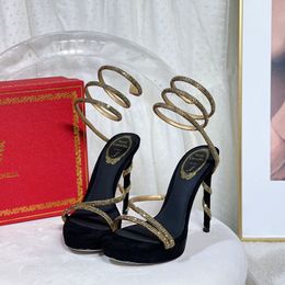 dikke zolen Kristallen strass Hakken sandalen Rene Caovilla Cleo 95mm Designers Ankle Wraparound vrouwen hoge hakken sandaal bloem strass Avond schoenen
