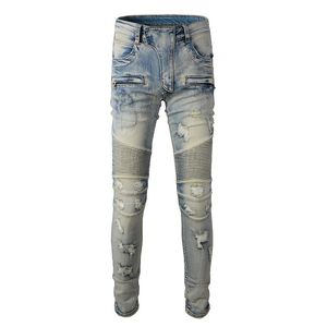 High Street Fashion Jeans pour hommes Rétro Bleu Élastique Slim Fit Détruit Ripped Biker Jeans Hommes Plissé Patch Designer Marque Hip Hop Pantalon