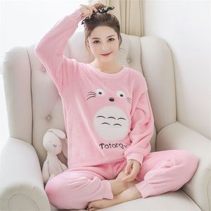 Thick Warm Flannel Pajamas Sets for Women Winter Long Sleeve Coral Velvet Pyjama Girls Cute Cartoon Totoro Homewear Pijama Mujer 201114