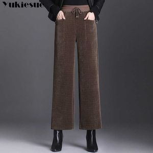 Épais chaud polaire velours côtelé pantalon femmes jambe large taille haute pantalon hiver décontracté longue Harajuku Streetwear 210608