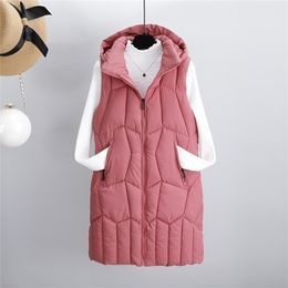 Dikke warme lange vrouwen S Vest 2020 Koreaanse winter omlaag Waistcoat vrouwelijke casual capuchon Zipper mouwloze jas lange vesten Parkas LJ201021