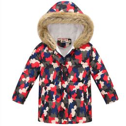 Dikke warme outfit baby jongens winterprint hoodie kinderen actieve kleding meisjes bont kraagjassen down kinderen 4-8y j220718