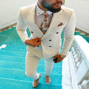 Dikke witte dubbele breasted pakken bruiloft smoking slim fit formele mode prom feestje diner jas en broek op maat voor mannen 2021 mannelijke outfit