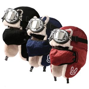 Épais hiver Protection des oreilles Bomber chapeau lunettes chaud coupe-vent trappeur Trooper oreillette russe masque de Ski casquette Ushanka 240104