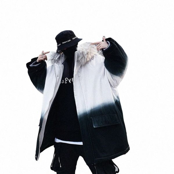 Veste d'hiver épaisse hommes surdimensionné à capuche Parka manteau de fourrure 2019 homme Harajuku japonais Streetwear Tie Dye veste grande taille KK3035 53qW #