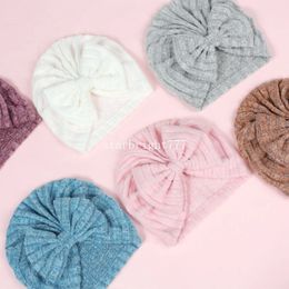 Bonnets chauds d'hiver épais pour bébés filles, chapeau à nœud de lapin, Turban à rayures solides pour nouveau-né, chapeau indien pour enfants, Bonnet à nœud papillon