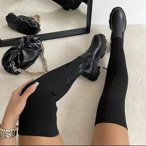 Dikke vrouwen Sole 314 Autumn Winter Ademend breien Sock Ladies Dij High Boots Stretch Round Teen Shoes Plus Maat 43 231124