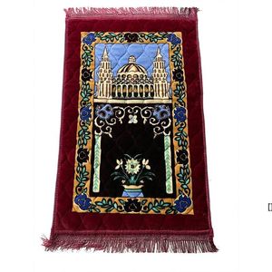 Alfombras de oración musulmana de cachemira gruesa, alfombra de adoración de chenilla de alta gama, alfombras islámicas de Musallah de 110x70 cm, alfombra antideslizante árabe BBE13785