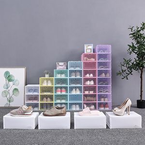 Épaissir la boîte à chaussures en plastique Transparent chaussures anti-poussière couverture de stockage Flip Transparent couleur bonbon empilable chaussures organisateur