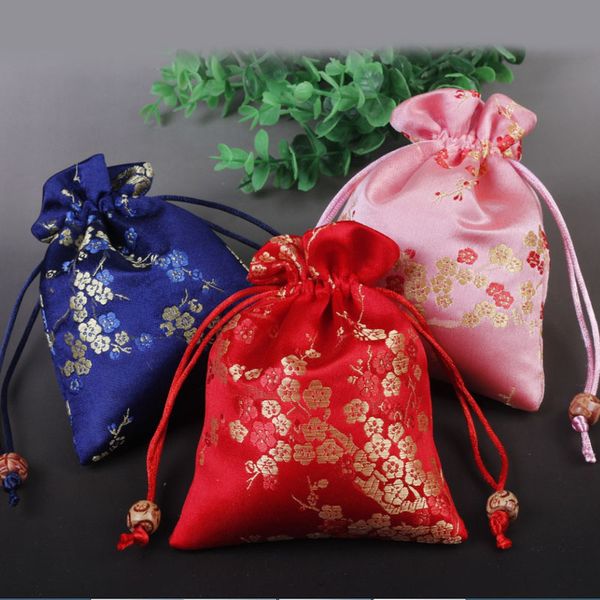 Bolsas pequeñas florales bonitas y felices, bolsa de brocado de seda china con cordón, bolsas de regalo para fiesta de Navidad, bolsa de embalaje de joyería