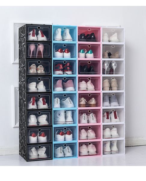 Épaissir les boîtes à chaussures en plastique clair boîte de rangement anti-poussière Transparent Flip couleur bonbon chaussures empilables boîtes organisateur en gros llfa