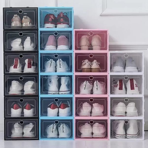 Épaissir les boîtes à chaussures en plastique clair boîte de rangement anti-poussière Transparent Flip bonbons couleur empilable chaussures organisateur boîtes en gros F0809