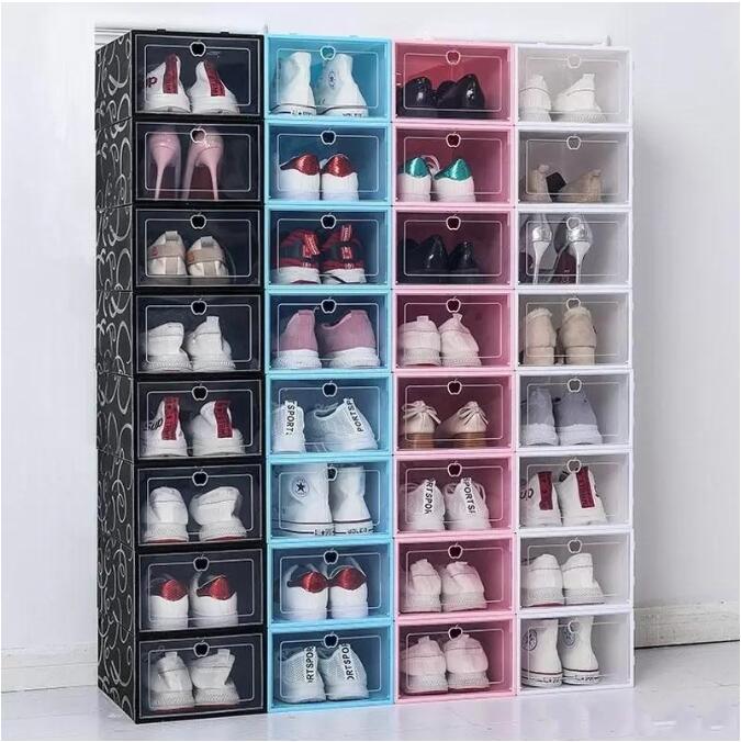 Verdicken Sie Kunststoff-Schuhkartons, durchsichtige, staubdichte Schuh-Aufbewahrungsbox, transparente Flip-Süßigkeitsfarbe, stapelbare Schuh-Organizer-Boxen, Großhandel, 0269 Stück