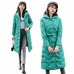 Épaissir les manteaux chauds Snoar élégant vêtement d'extérieur veste coréenne sobretudos avec ceinture hiver à capuche mince LG Parkas manteaux femmes K1DN #