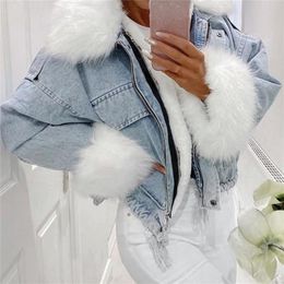 Dikke winter denim jas 2020 casual vrouwen lange mouw korte lagen bont kraag bovenkleding losse ins stijl streetwear overjas lj201021