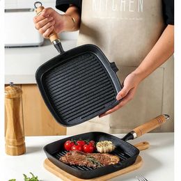 Verdikte Gietijzeren Steak Koekenpan Niet-gecoate Non-stick Huishoudelijke Strepen Biefstuk Speciale Pan 240313