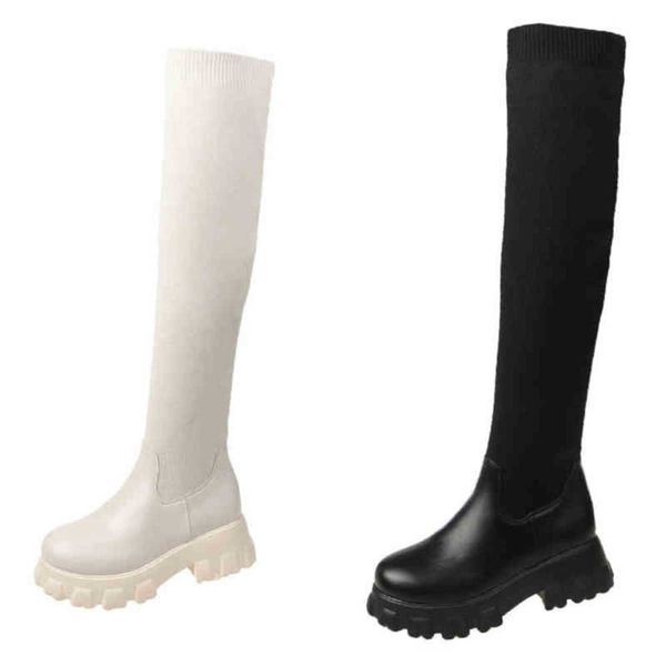 Botas de tacón alto hasta el muslo Zapatos de cuero Botas hasta la rodilla elásticas grandes para mujer Invierno Nuevo estilo Cabeza redonda simple Moda de suela gruesa 220914