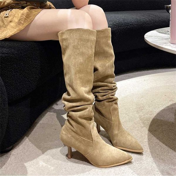 Cuissardes à talons hauts dames bottines marron bottes à empiler Western Denim longues femmes nouveau automne talon mince pointu bottes chevaleresques femme chaussures 230830