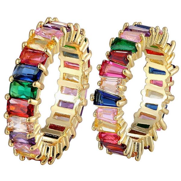 Anillo de oro fino Baguette Rainbow CZ para mujer, banda de boda de compromiso a la moda, joyería con encanto de alta calidad 278L