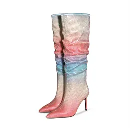 Botas apiladas plisadas de tacón alto delgado para mujeres, diamantes de imitación de gradiente de arco iris, zapatos para mujeres, botas altas de muslo, gran tamaño 47, nueva moda, 2023