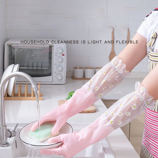 Gant en plastique de couleur gelée mince avec manches Gants de cuisine ménagers de nettoyage plus vêtements de vaisselle d'hiver en velours gants de lavage