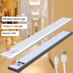 Luz LED delgada para armario, 30cm, 3 colores en uno, 41Led, regulable, recargable por USB, Sensor de movimiento, luces magnéticas para debajo del armario