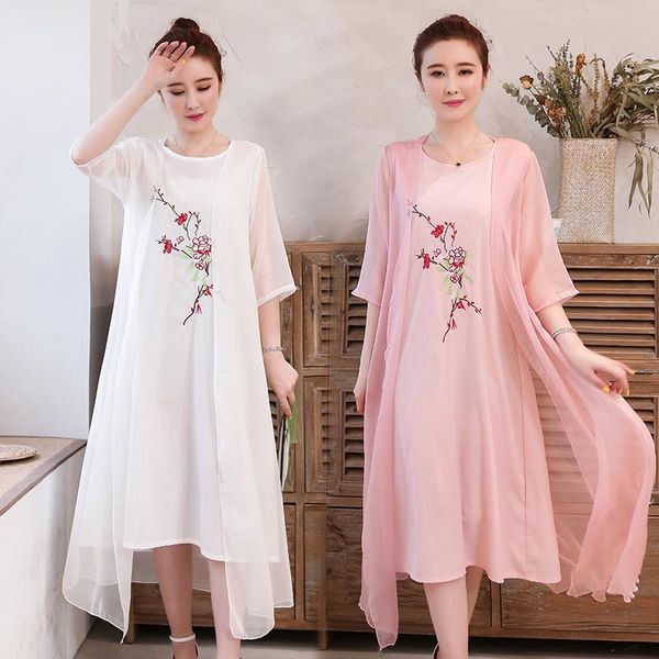 Mince léger doux coton lin Style chinois robe d'été broderie Floral deux pièces ensemble femmes tenue décontractée costumes