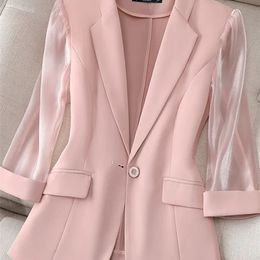 Costume rose fin pour femmes, mode coréenne, Slim, manches trois quarts, veste décontractée, Blazer de bureau, printemps et été, 220812