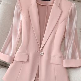 Dunne roze pak dames lente en zomer Koreaanse mode slanke drie kwart mouwen casual jas lady office blazer 220811