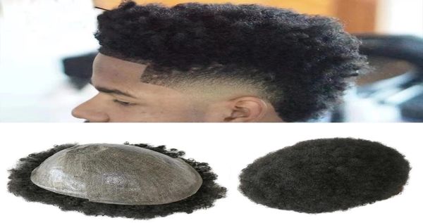 Piel fina 6MM Hombre Afro Unidad de cabello rizado Negro Para hombre Kinky Curl Hombre Toupee Cabellos humanos Pelucas Kinky Curlys PU Máquina completa Made6688444