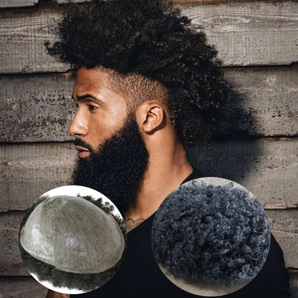 Peau mince Afro Curly Toupee 6mm 10mm 20mm Homme Armure Cheveux Noir Hommes Kinky Curly Male Toupets 100% Cheveux Humains Perruques Full Machine Made