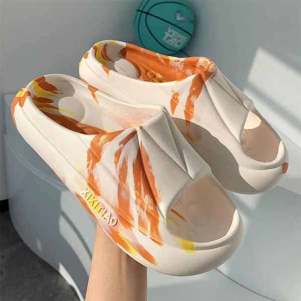 Sandalias antideslizantes de EVA con tiras finas para hombres y mujeres en verano, estilo de marea nacional, zapatillas con personalidad de suela gruesa y tinta salpicada, color naranja