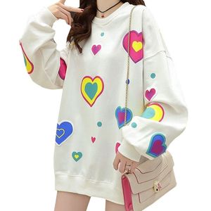 Dunne stijl zoete casual lente herfst kleding vrouwen sweatshirt harajuku print regenboog liefde hart witte vrouwelijke pullover 220815