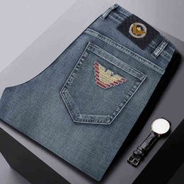 Jeans d'été minces pour hommes élastique Slim Fit petit tube droit broderie marque pantalon jeunesse doux