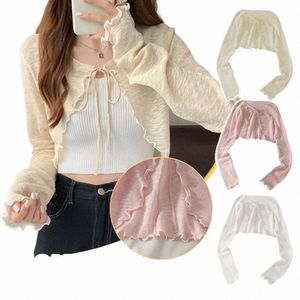 Cardigan de protection solaire mince à lacets Tops en tricot d'été femmes style coréen manches lanternes manteau court décontracté protégé contre le soleil X7RJ #