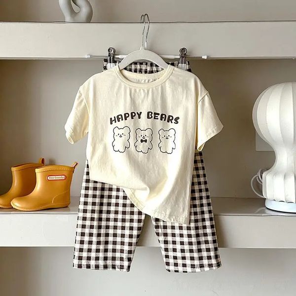 Pyjamas à carreaux à carreaux bruns jaunes minces sets pour bébé garçons fille 1 à 2 3 4 5 6 7 8 9 10 11 12 ans Enfants plains vêtements de maison 240506