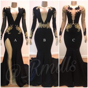 Moderne prom jurken zeemeermin sexy gouden kant applique v-hals lange mouwen illusie hoge kant split sweep trein avond formele jassen