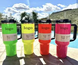 Neonroze elektrisch roze 40oz beker geeloranje neongroen QUENCHER H2.0 roestvrijstalen bekers met deksel en rietje met siliconen handvat Cosmo roze automokken