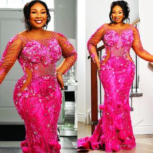 2024 Aso Ebi Fuchsia Mermaid Prom Dresses kristallen kralen avond formeel feest tweede receptie brithdday verlovingsjurken jurken jurken robe de soiree zj330