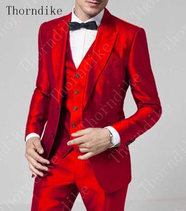 Thorndike 2020 Costume de marié rouge brillant sur mesure Costumes de mariage rouge brillant à un bouton pour hommes smoking rouge sur mesure 3 pièces X0909