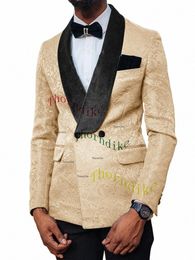 Thorndike Champange Jacquard Pak Slim Fit Double Breasted Bruiloft Pakken Voor Mannen Formele Prom Suits Smoking 2 Stuks Blazer Broek sets x4Rb #