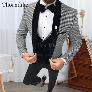 Thorndike sur mesure pied-de-poule costume de mariage pour hommes noir châle revers costume formel ensemble automne élégant décontracté marié Tuxedos1306m