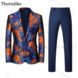 Thorndike Floral Print hommes costume de mariage revers cranté garçons d'honneur smokings décontracté fête bal mince costume hommes nouvelle mode 2 Pcs252e